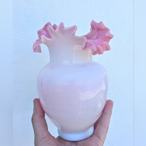 Antique 7" Hand Blown Bristol Glass Vase - Pink Ruffled Rim, Milk Glass